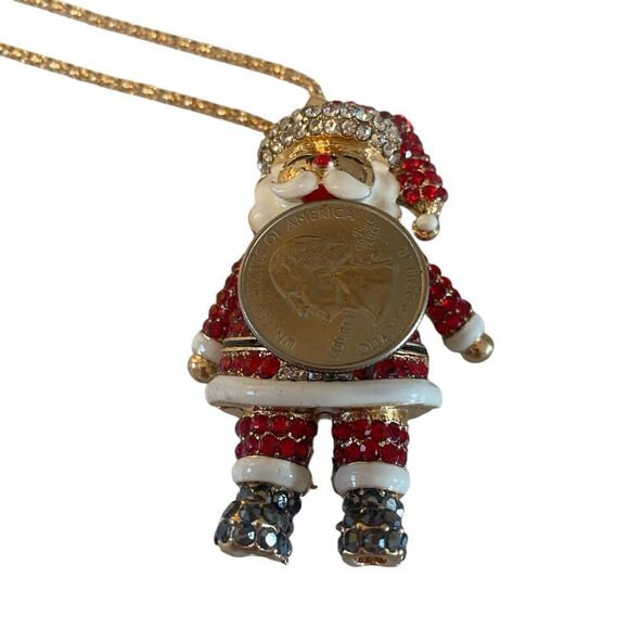 Sparkly Red Santa Claus Pendant on Long Gold Toned Chain. - Picture 7 of 7